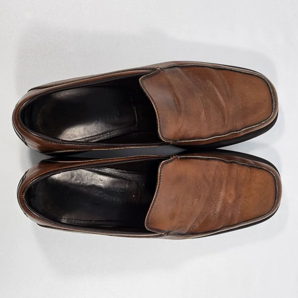 Salvatore Ferragamo Men’s Brown Leather Square Toe Slip-On Loafers Size 9.5 D